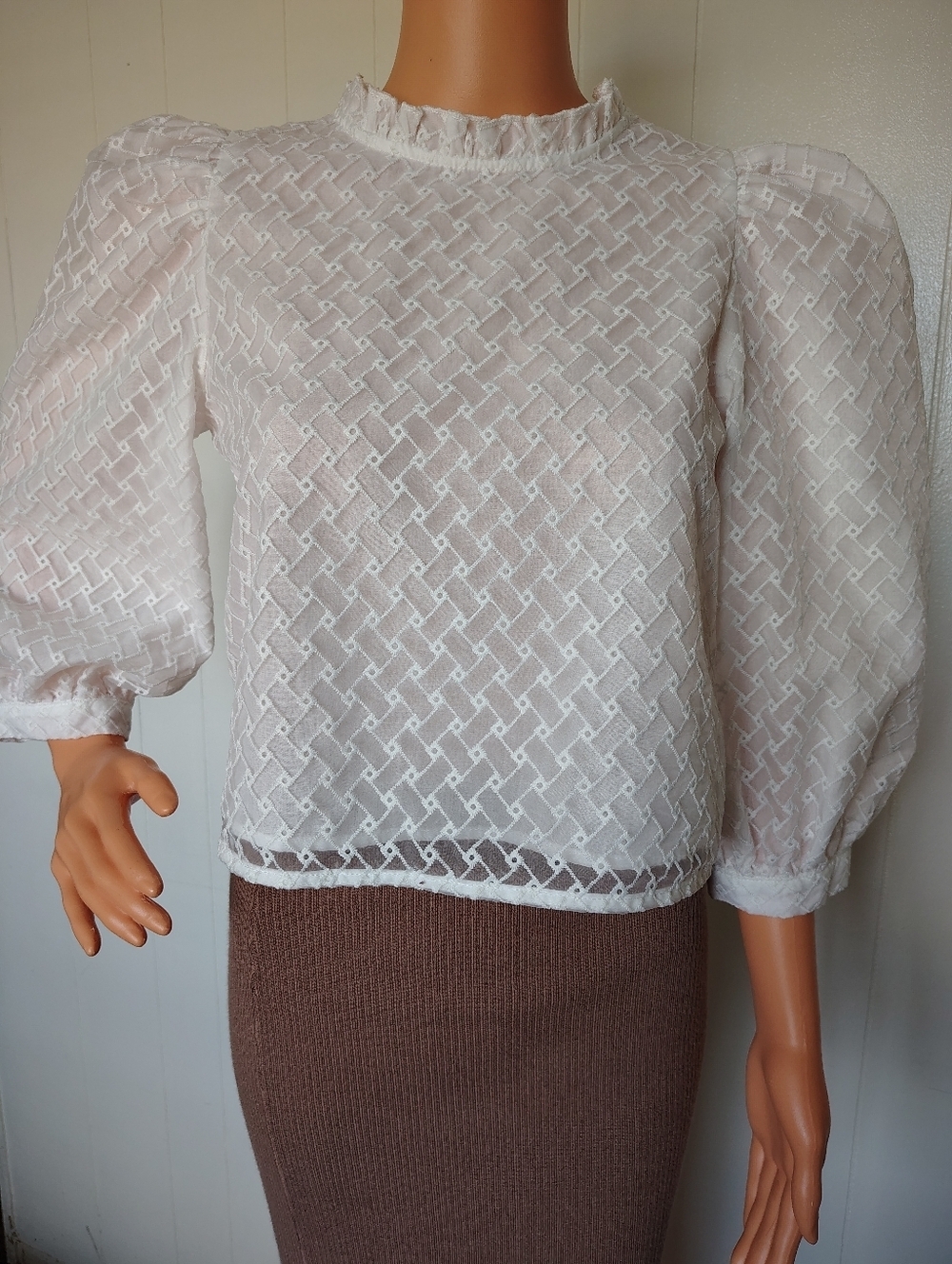 NSR White Lace Puff-Sleeve Blouse Size S